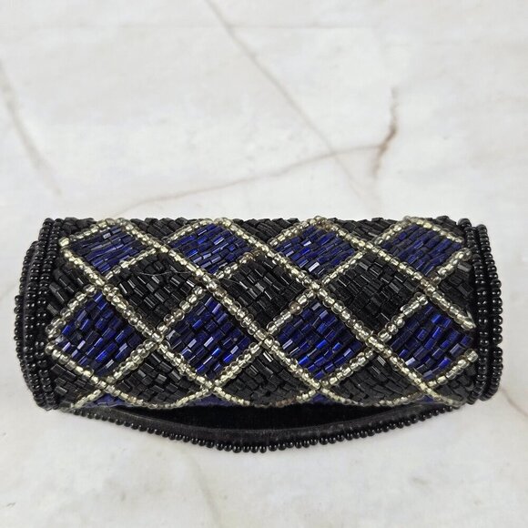 Vintage Beaded Lipstick Case Holder Inside Mirror Snap Closure Black Blue Clear - Picture 4 of 7